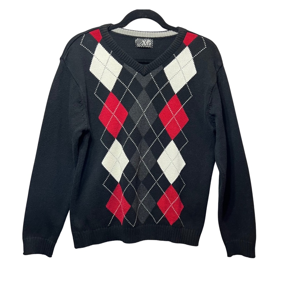 XG Argyle Sweater Boys XL Pullover V Neck Knitwear Black‎ Red